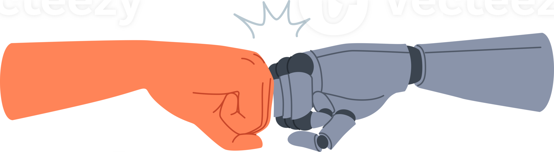 Synergy of robot and human joining fists as sign of solidarity and willingness to cooperate to achieve goal. Cooperation of people and robot with artificial intelligence to assist in new projects png