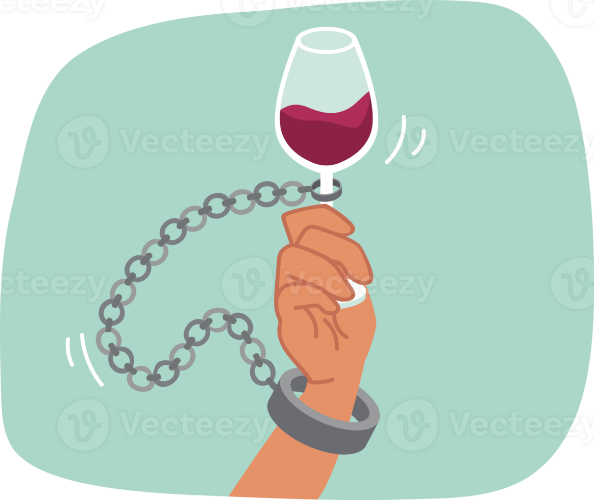 Alcohol addiction is suffered by man with glass of red wine and shackles, due to lack of willpower. Problem of alcohol addiction and slavery from bad habits, destroying life of victim png