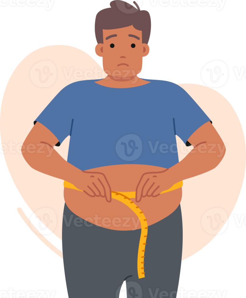 Fat man suffering from obesity measures waist and sadly looks at screen, looking for help. Problem of obesity upsets guy who does not follow diet due to lack of willpower and motivation png