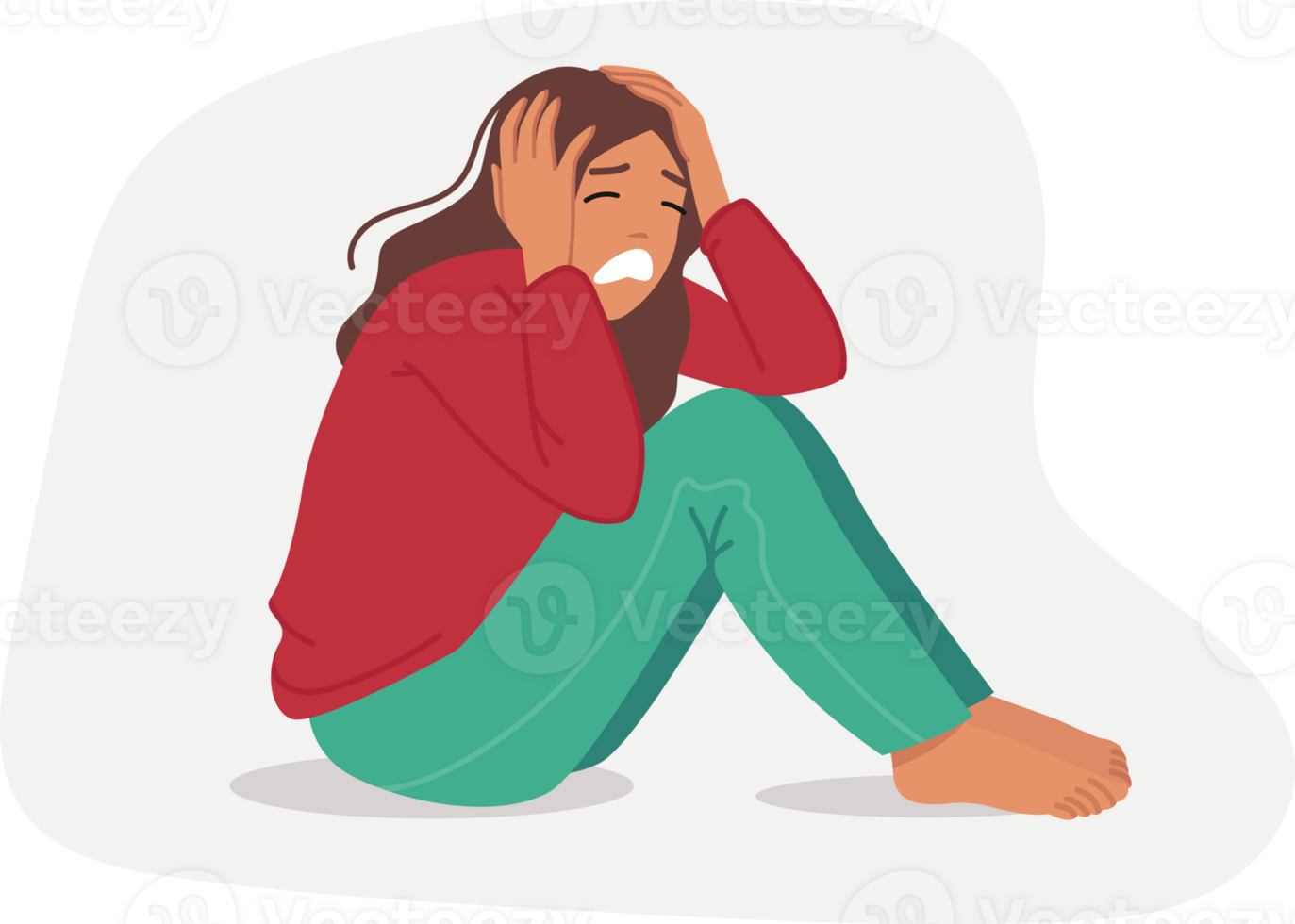 Upset woman is crying, sitting on floor and clutching head, due to panic attack or personal burnout. Upset girl experiences stress and depression because of conflict with boyfriend. png