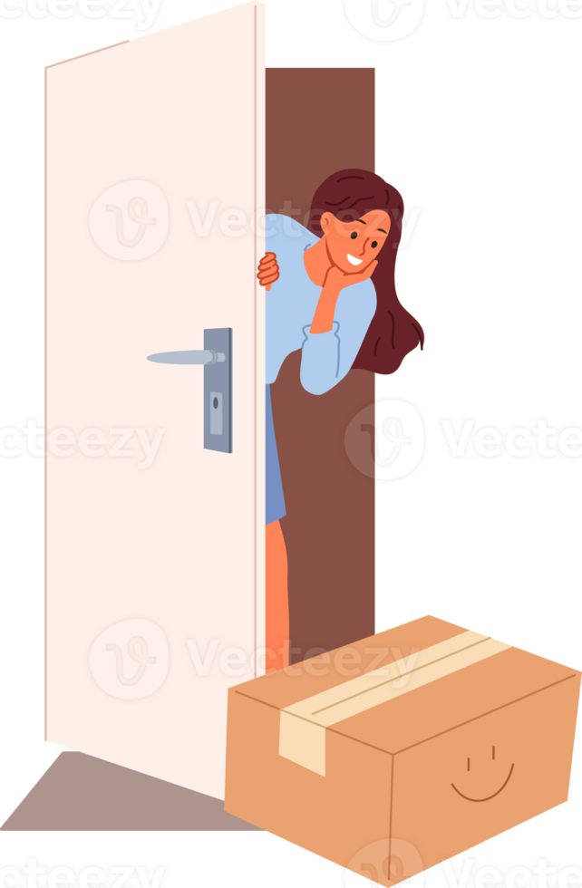 Woman rejoices at receiving package delivery by courier and looks out of apartment through open door. Targeted delivery from online store evokes positive emotions in girl who loves internet shopping png