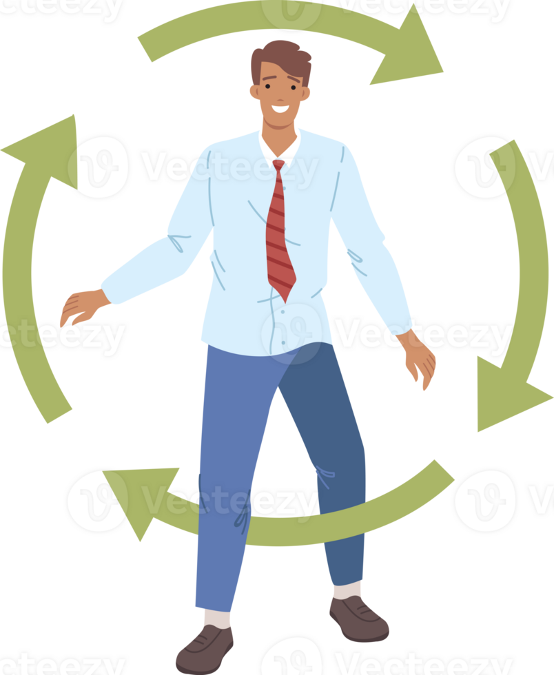 Businessman, rehabilitated after bankruptcy, steps through circle of green arrows. Successful male office employee rehabilitated and reborn after being fired and emptying bank accounts png