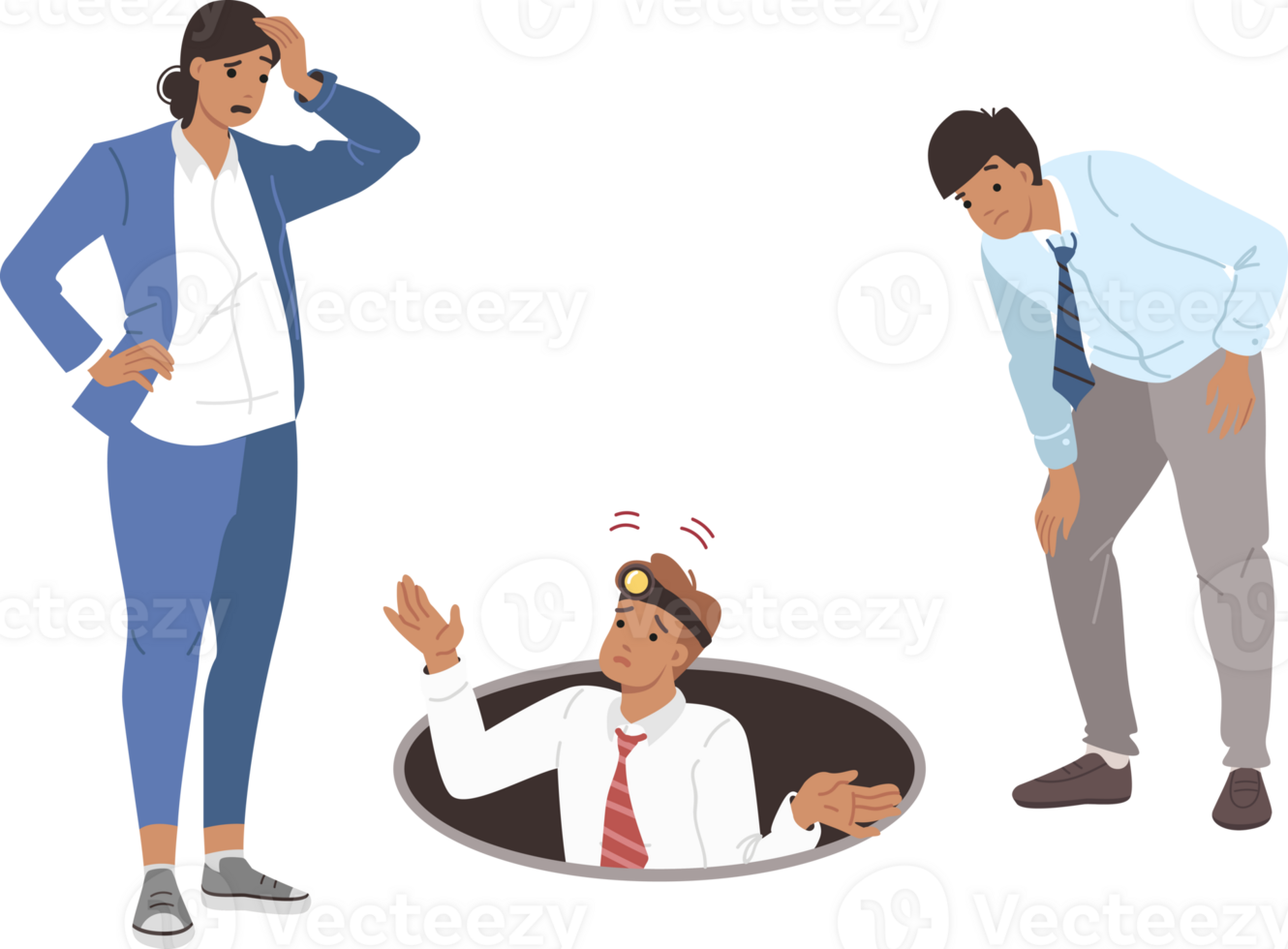 Team business people explore abyss, experiencing perplexity due to lack of solutions to problems. Perplexity among office workers who want to find new opportunity or funding reserves for advertising png