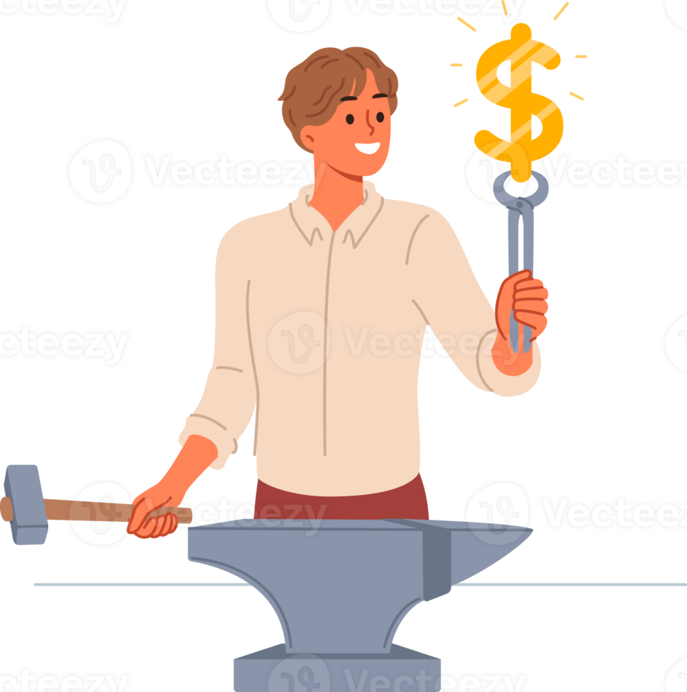 Business man doing money making, using anvil and hammer to produce dollar symbol. Guy demonstrates money making skills, thanks to professional analysis and cool ideas that bring profit png