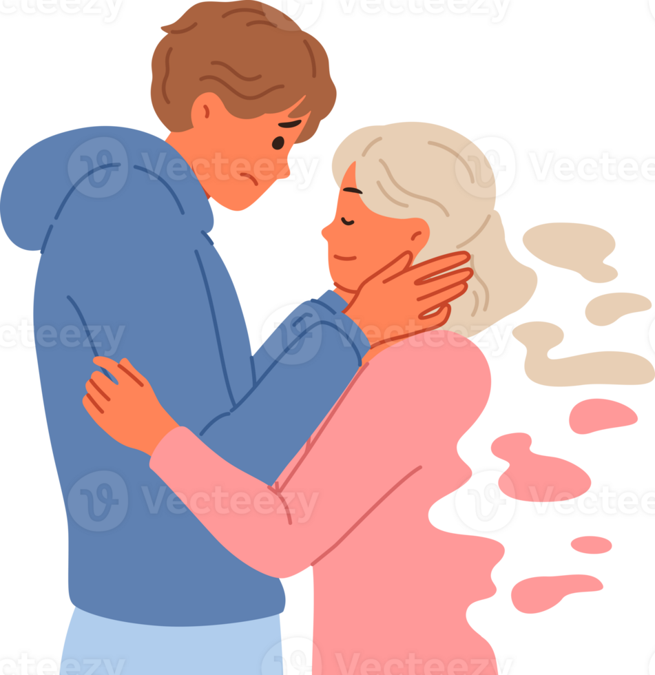 Widower man remembers deceased bride, hugging ghost of girl and refuses to believe in end of relationship. Widower suffers from loss of beloved and needs support to avoid depression. png
