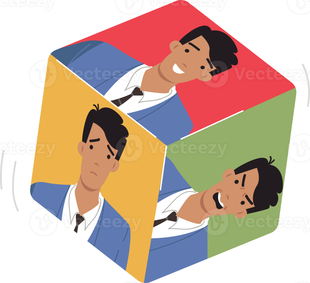 Emotional man on different dice dice, for concept of chaotic emotions and bipolar disorder in behavior. Good and evil businessman treats colleagues and partners differently due to changes in emotions png