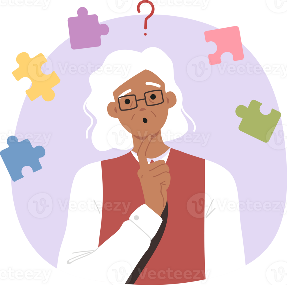 Dementia and memory impairment confuse elderly woman who needs pills to improve brain function. Problem of dementia caused by old age, in gray-haired lady standing among puzzle pieces png