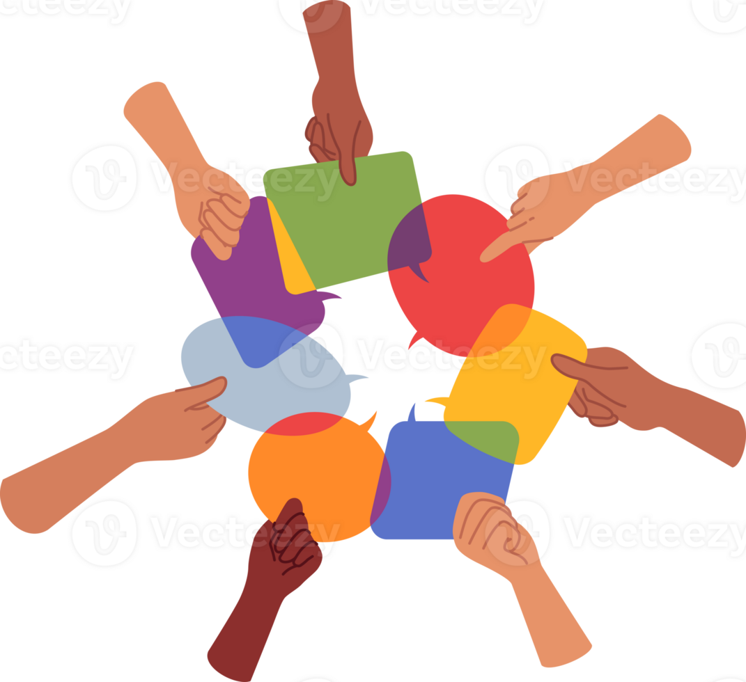 Exchange of opinions and discussion of important issues between people holding dialogue boxes in hands. Conversation bubbles as metaphor for exchange of opinions and collective feedback png