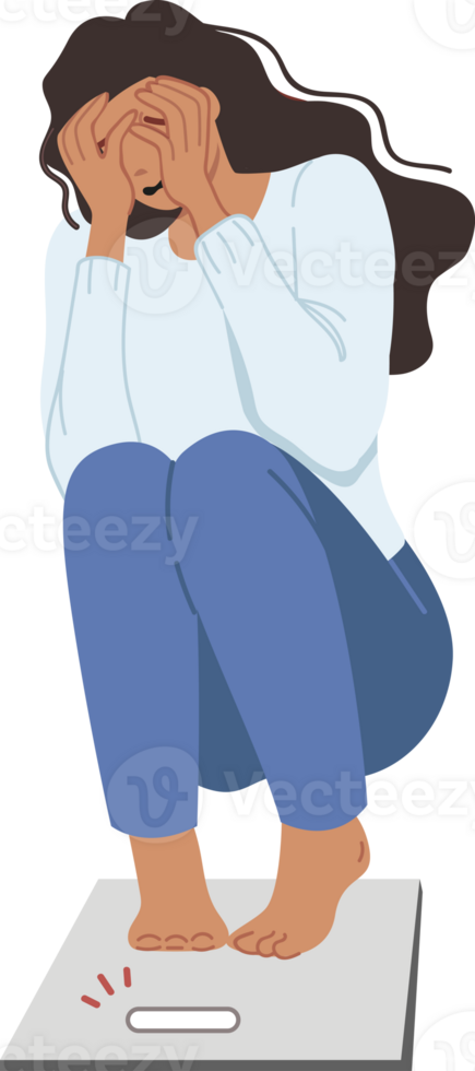 Problems with excess weight cause hysterics in woman who steps on scale and sees appearance new kilograms. Girl suffers from excess weight caused by immobility and eating unhealthy high-calorie foods png