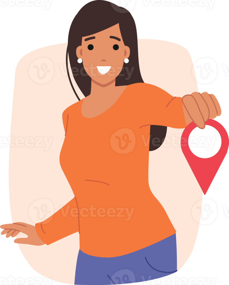 Woman with GPS pin in hands smiles, indicating delivery address or helping with navigation. Girl tour guide demonstrates GPS pin, marking must-see place while traveling around world. png