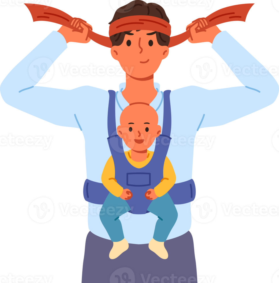Man super father with baby in arms, tying bandage on head and preparing to raise son on own. Businessman father wants to work and raise child at same time, due to absence of mother and nanny for baby png