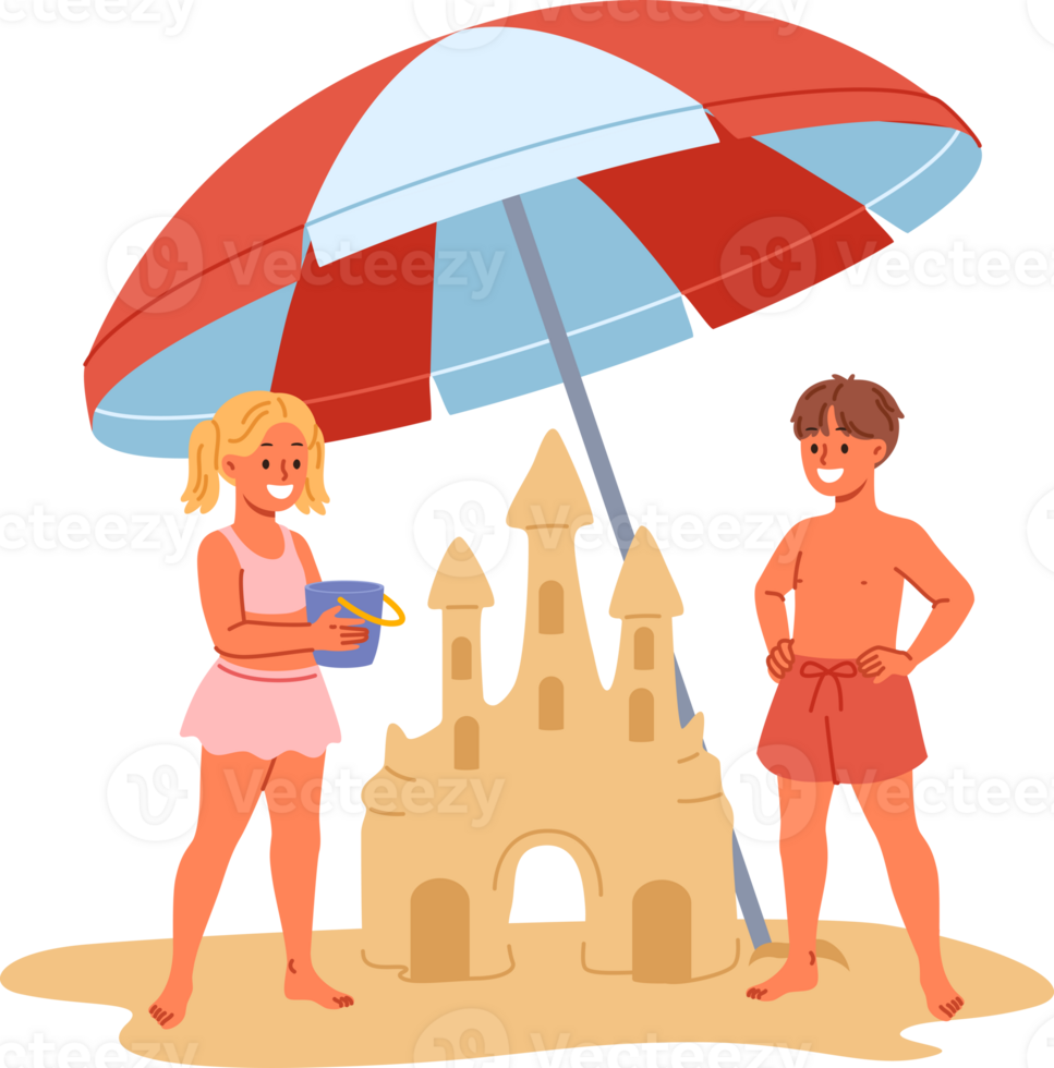 Children build sand castle on beach, standing with umbrella to protect them from sun. Little positive boy and girl play together on beach during summer trip to sea or ocean with parents png