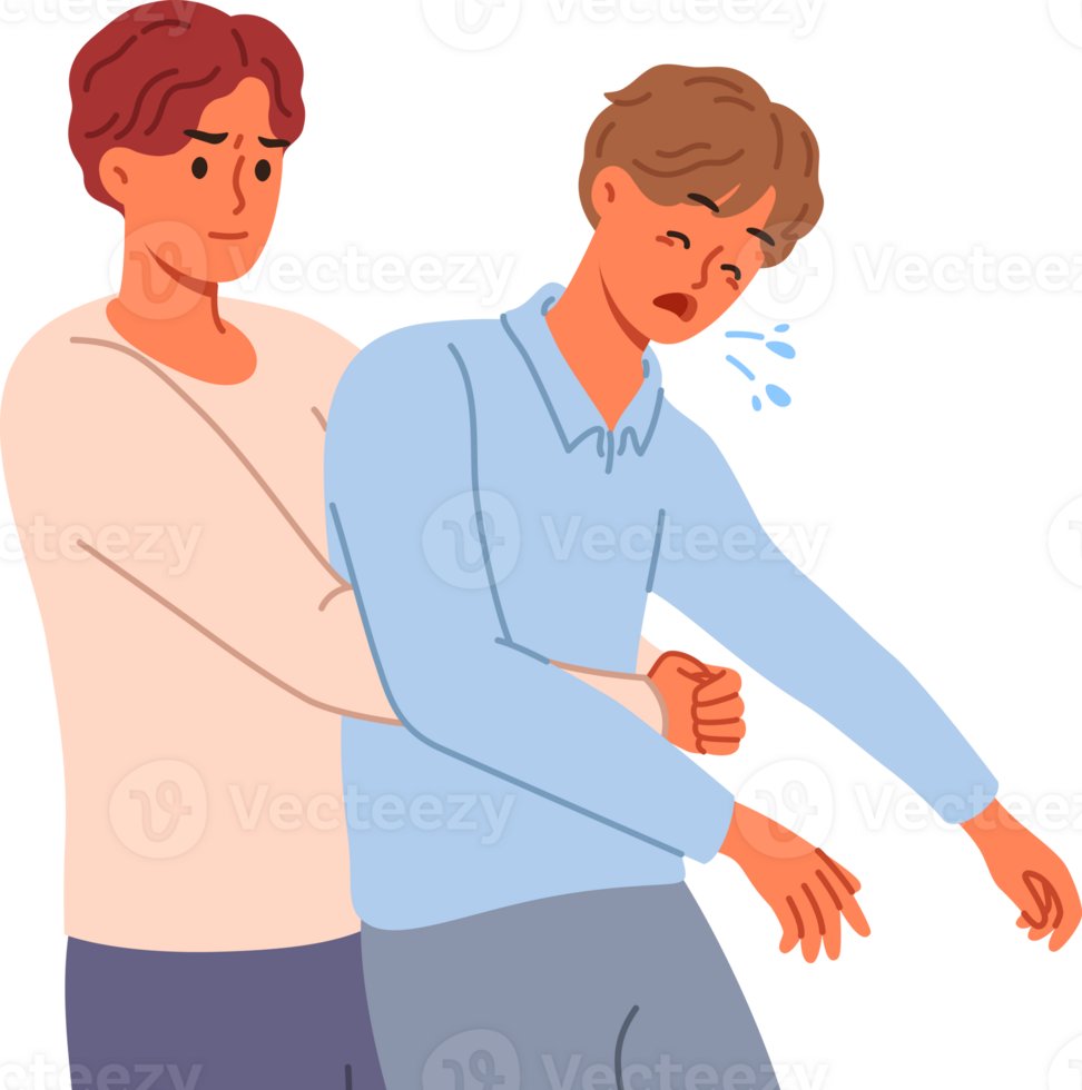 Man performs heimlich maneuver for choking friend, providing first aid to save human. Instructions for heimlich maneuver from guy rescuing patient at risk of dying due to blocked airway png