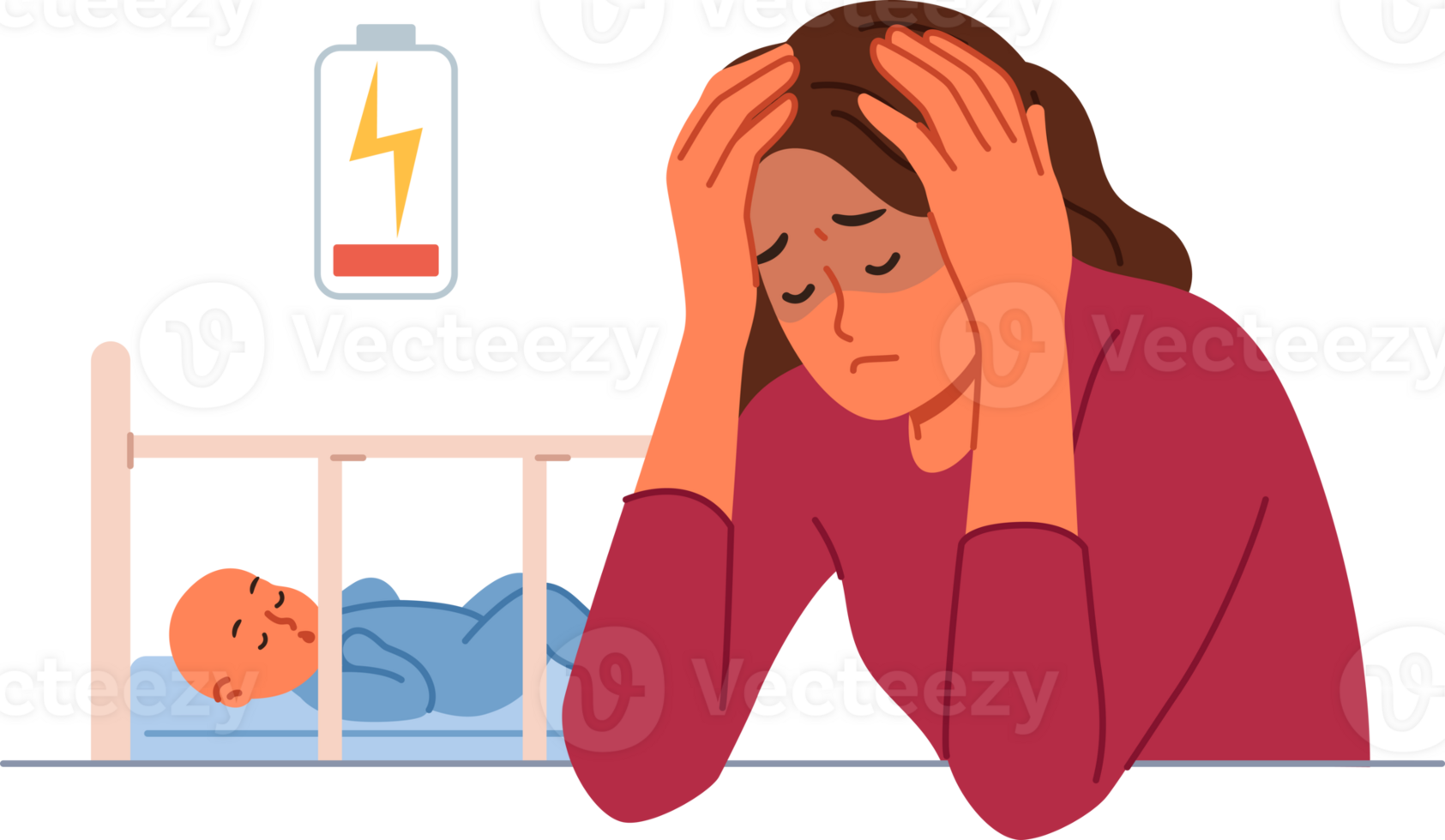 Single mother experiences postpartum depression and suffers from lack of energy to raise son. Problem of postpartum depression in sad young girl sitting near crib with sleeping baby png