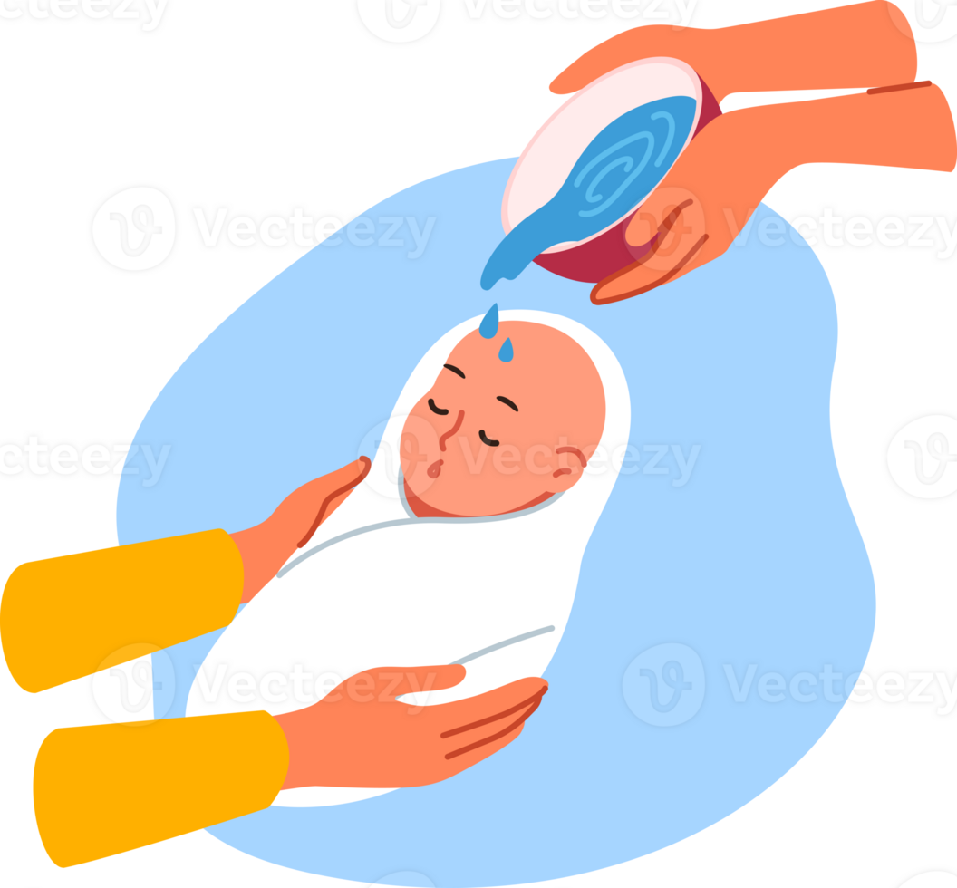 Ritual of baptism for infant in christian religion, and use holy water in church, to protect child from evil forces. Hands watering baby from bowl during baptism and choosing godmother and godfather png