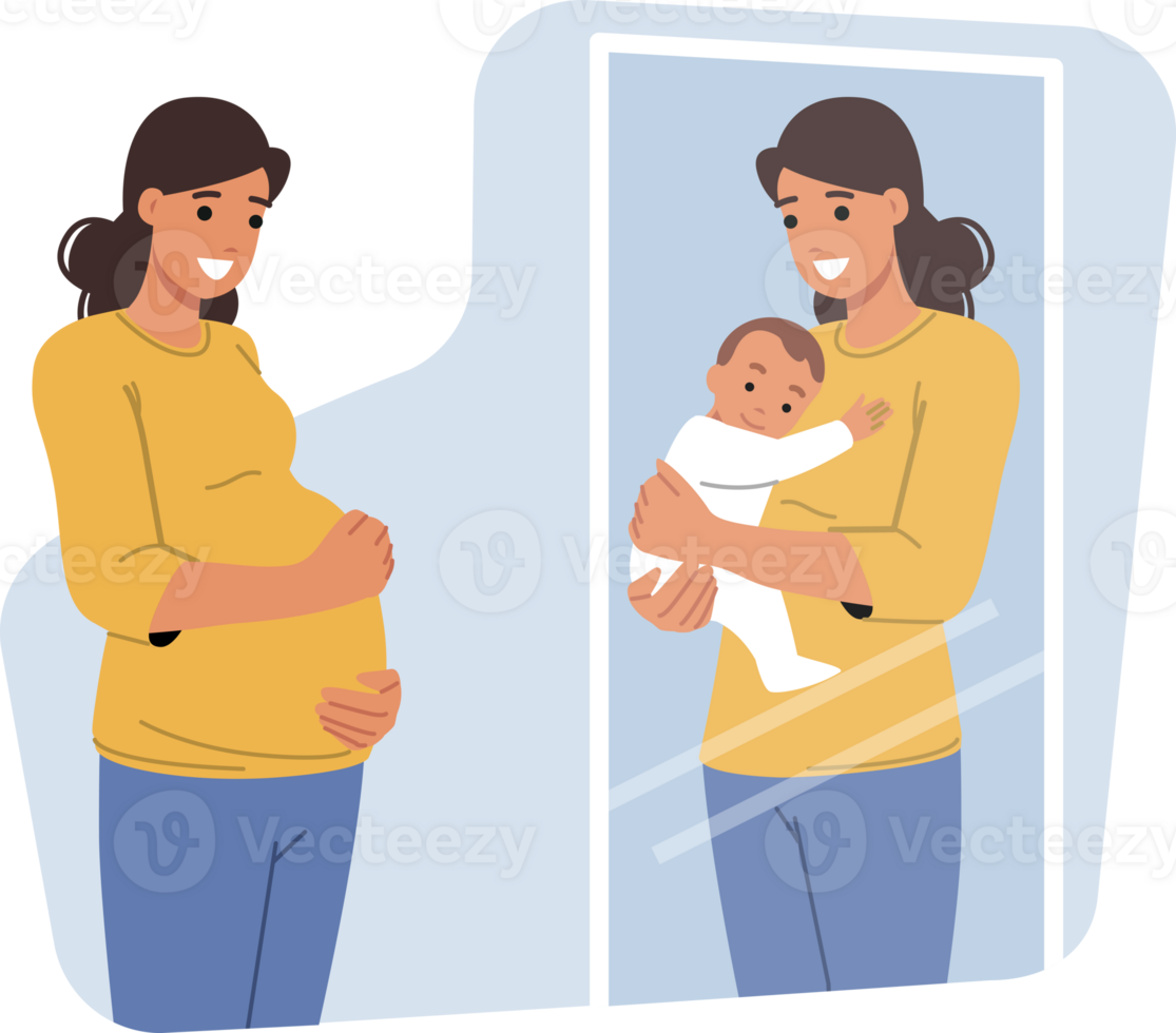 Pregnant woman looks in mirror and sees in reflection wonderful baby in own arms, dreaming of son. Positive pregnant girl smiles, rejoicing at opportunity to become mother and raise daughter png