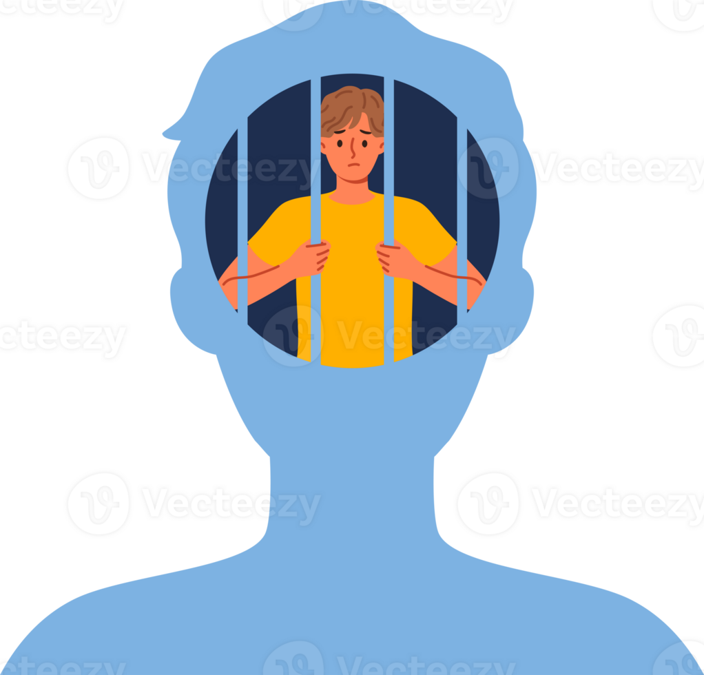Man hostage to own psychological trauma, sits in prison inside head and needs psychotherapist. Guy with psychological trauma experiences stress and melancholy due to unwillingness to fight for success png