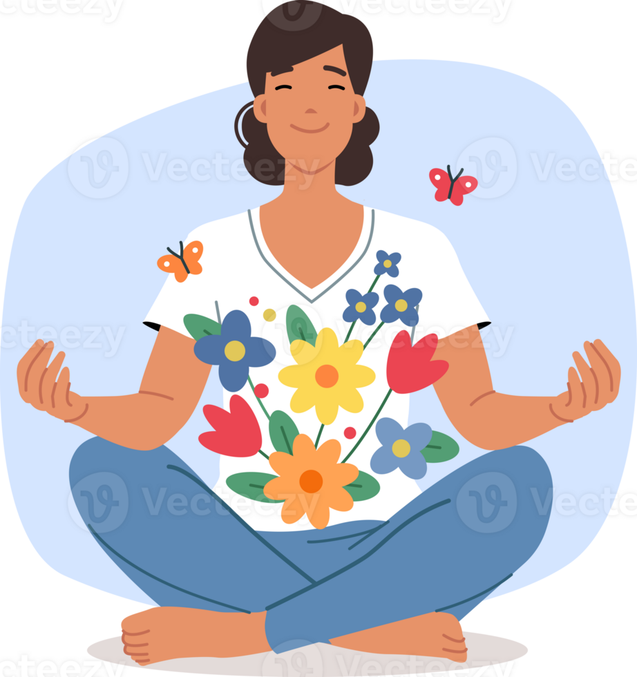 Meditating woman sits in yoga lotus position and feels psychological comfort and blooming flowers in soul. Meditating lady is interested in buddhist practices that help improve mental well-being. png