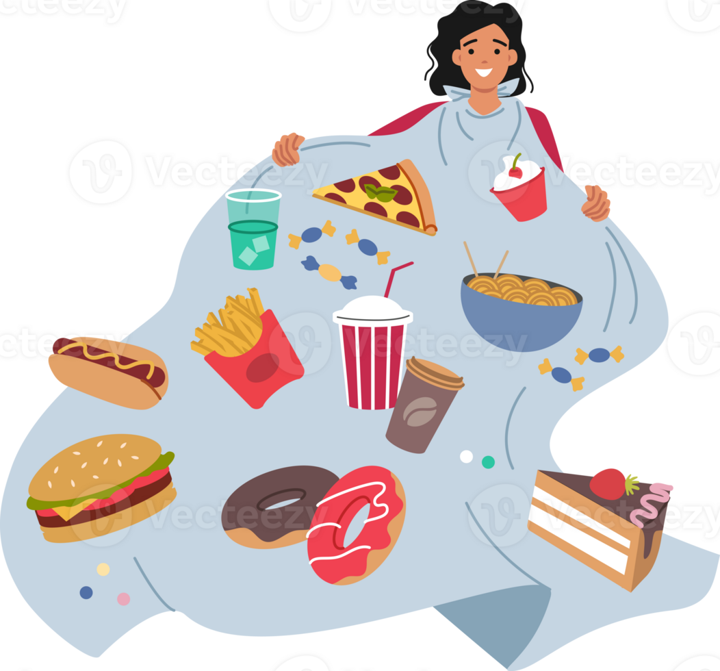 Problem of gluttony and overeating in woman, addicted to junk food and soda that destroys health. Girl suffers from gluttony due to psychological trauma or compulsive personality disorder png