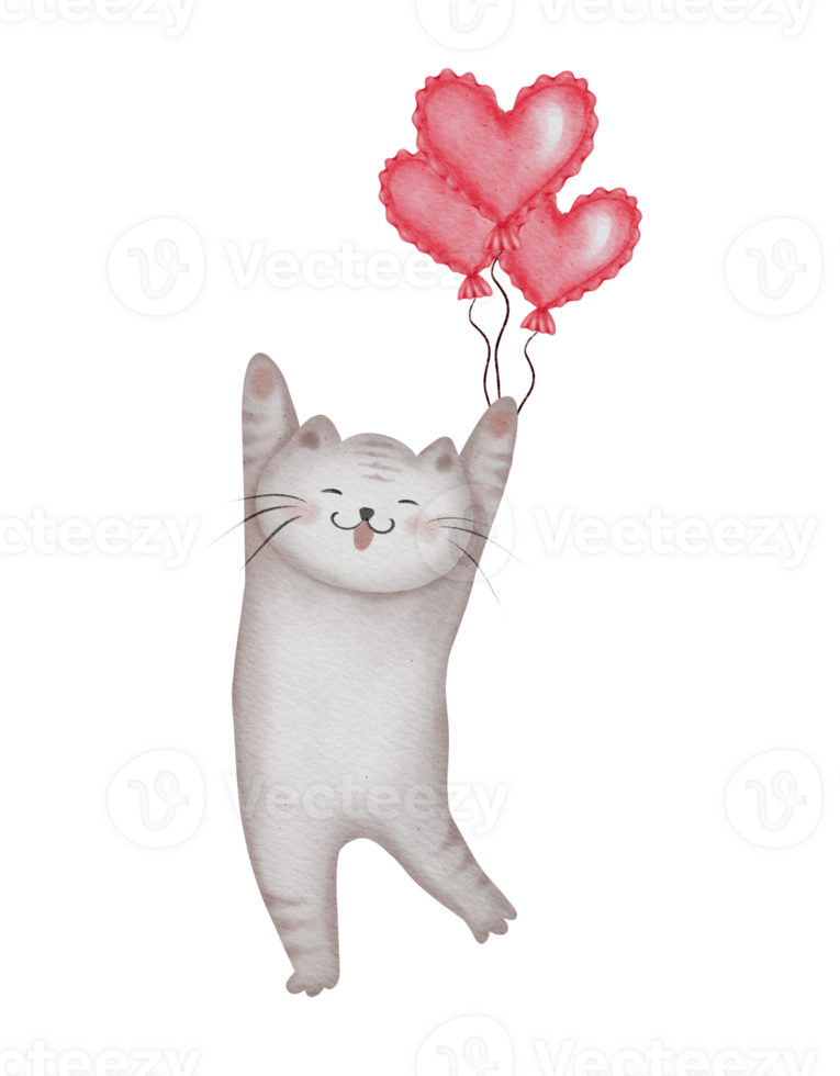 Fluffy Watercolor Cat with Hearts for Valentine's Day . Perfect for Cute and Playful Greeting Cards png