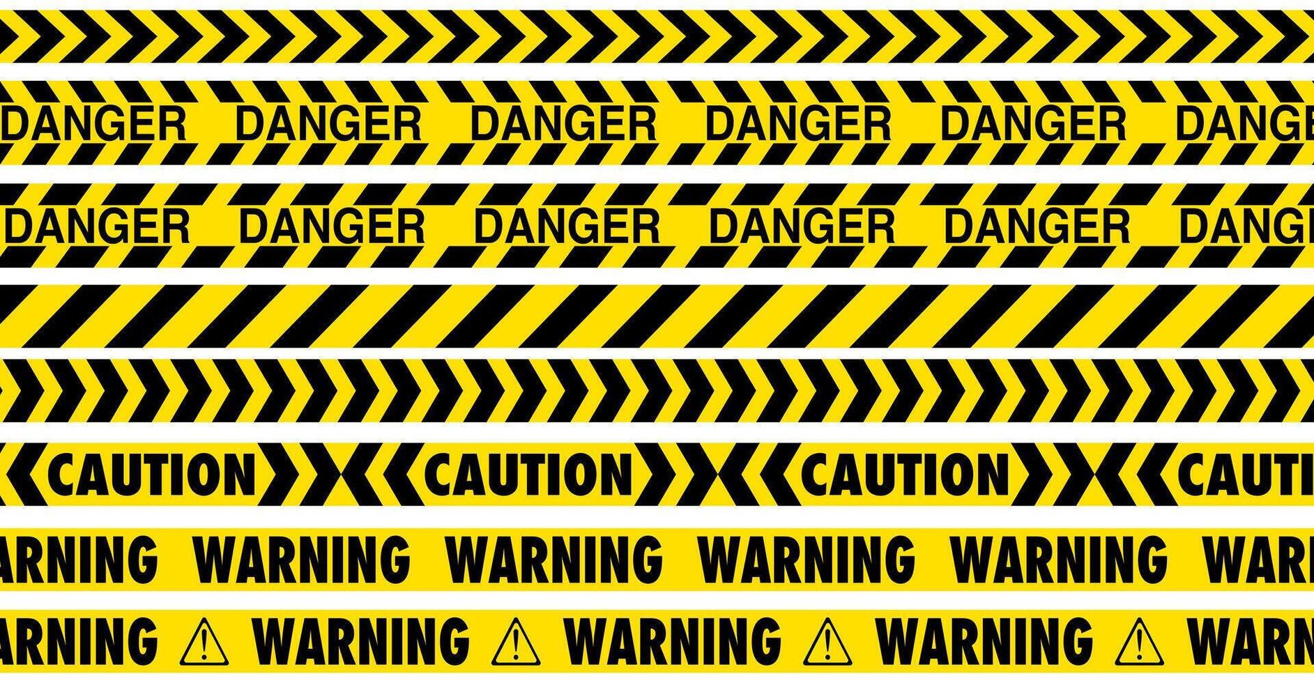 A digital rendering of caution tape. The yellow and black striped tape is marked with repeated warnings of DANGER, CAUTION, and WARNING along with directional arrows. vector