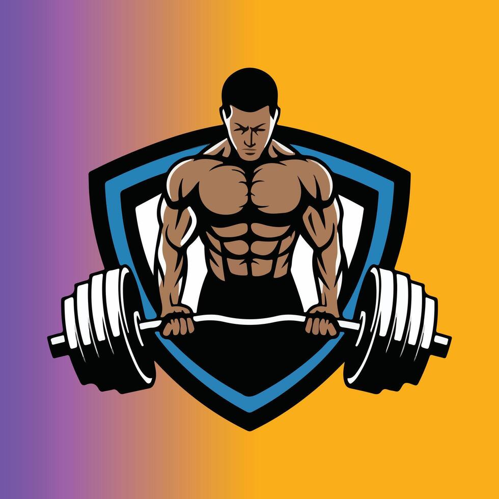 Muscular man holding barbell shield design vector