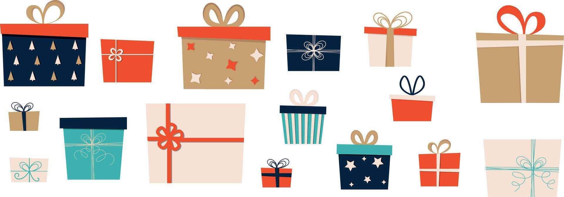 Set of wrapped Christmas gift boxes. Gift boxes in wrapping paper with ribbons and bows. Holiday presents. Christmas and New Year gifts on a white background. vector