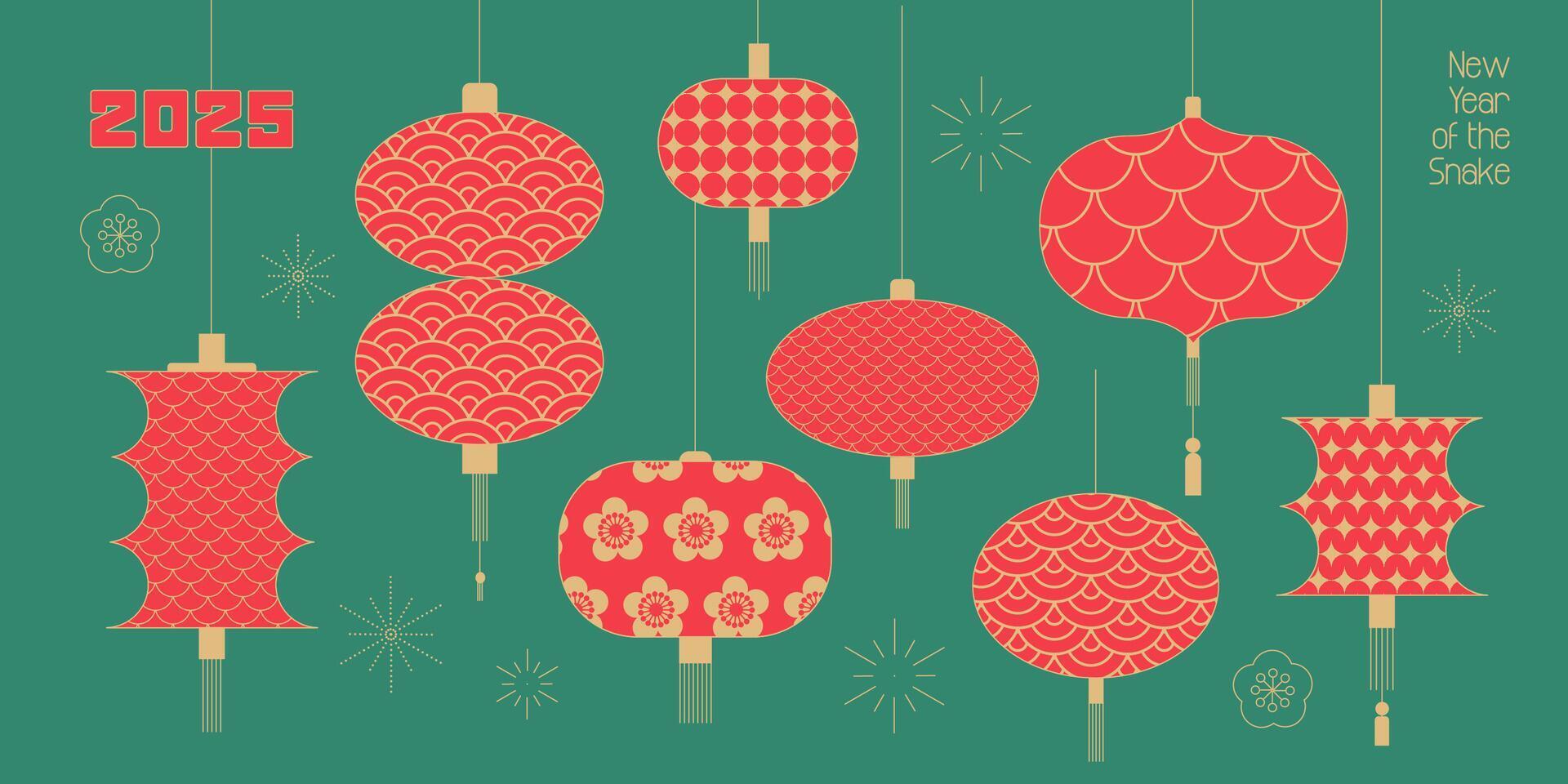 Chinese lanterns set, paper lamps decorations hanging on string. China New Year festival lights. Lunar holiday traditional Asian flat decor with tassels. Geometric illustration isolated vector