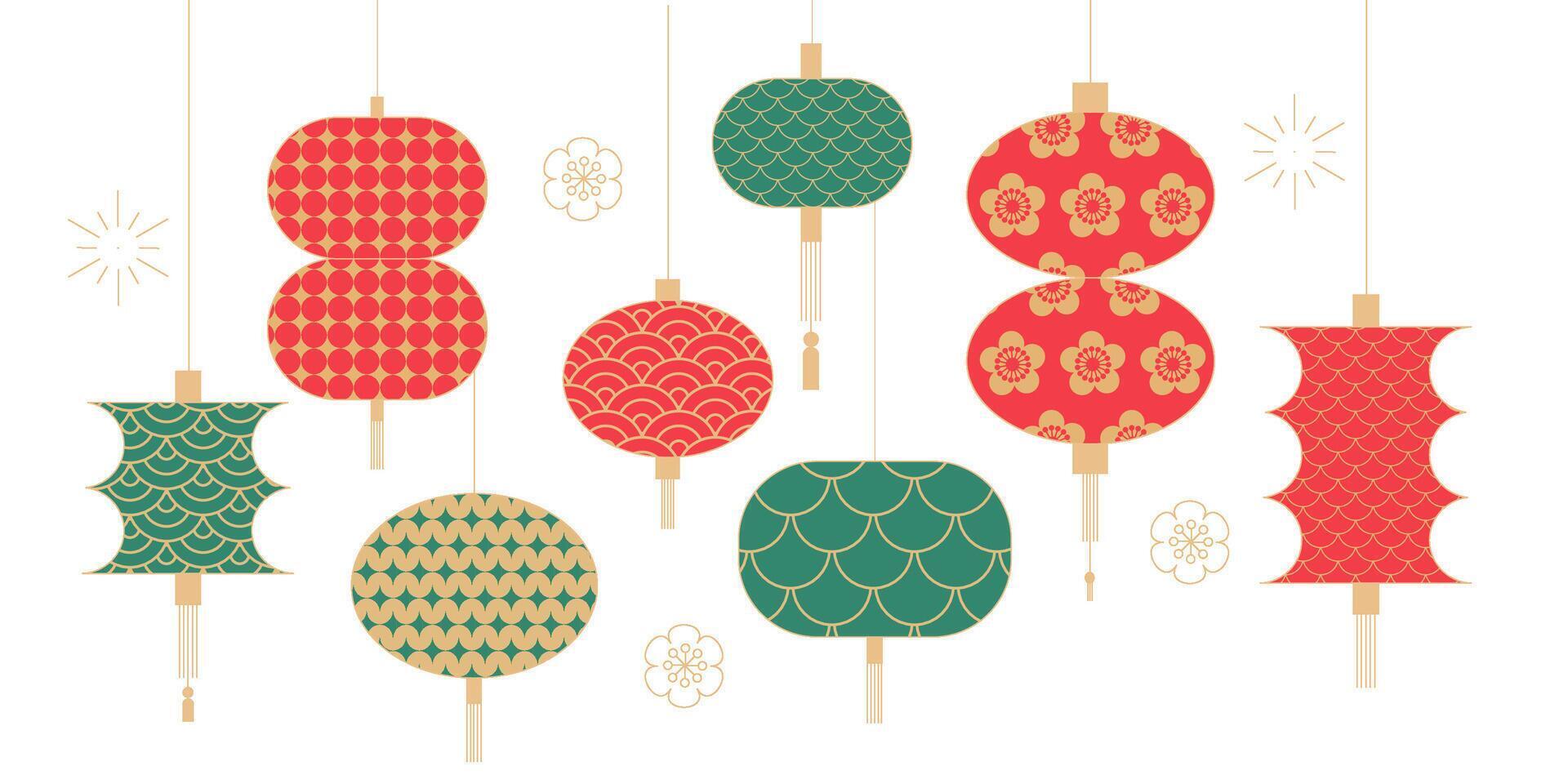 Set of Chinese Lanterns. Chinese New Year, Mid Autumn Festival elements collection for banner and greeting card. Flat minimalist geometric design. illustration vector