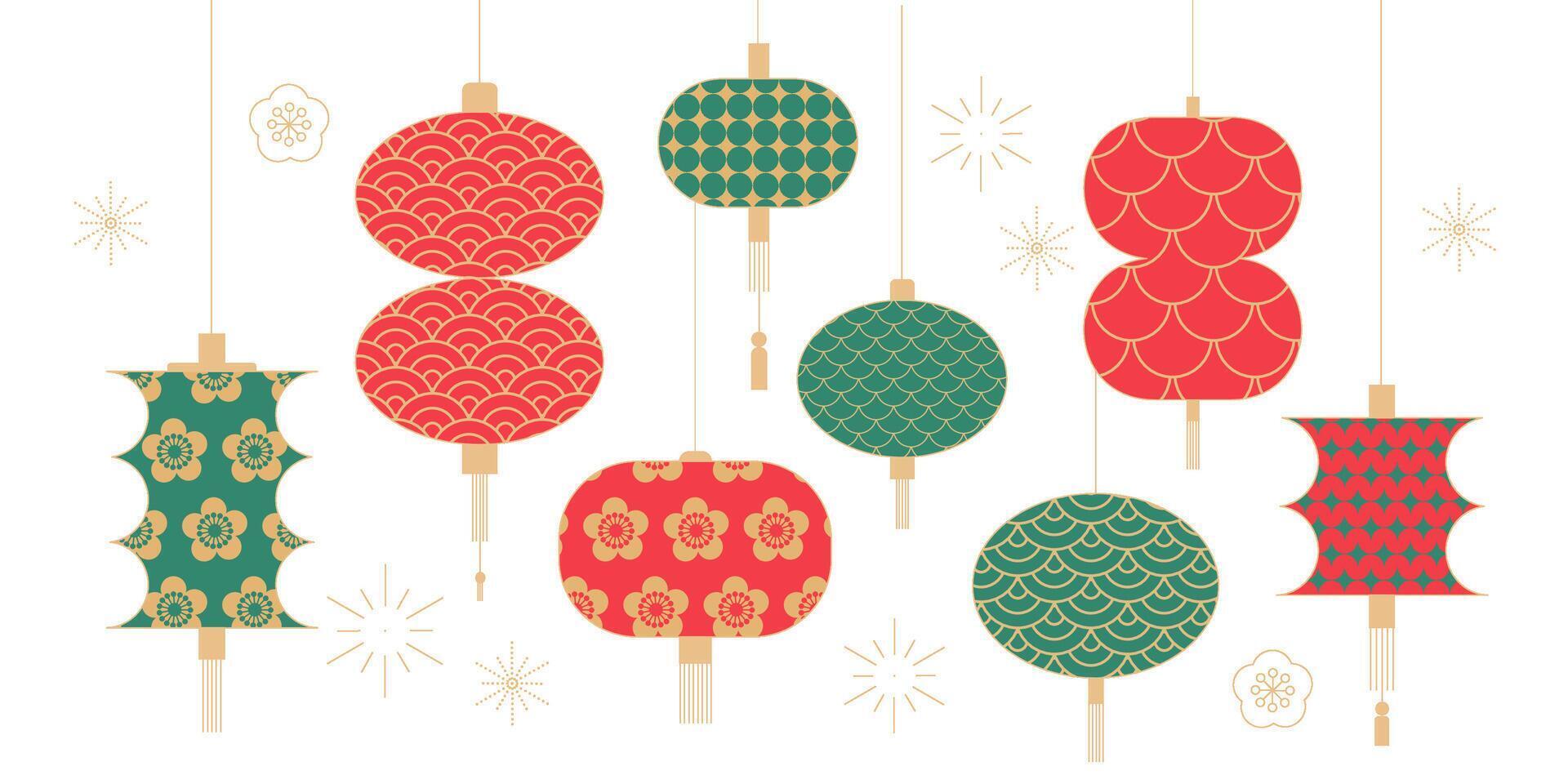 Chinese new year ornate lantern icons set. Geometric decorative illustration. vector