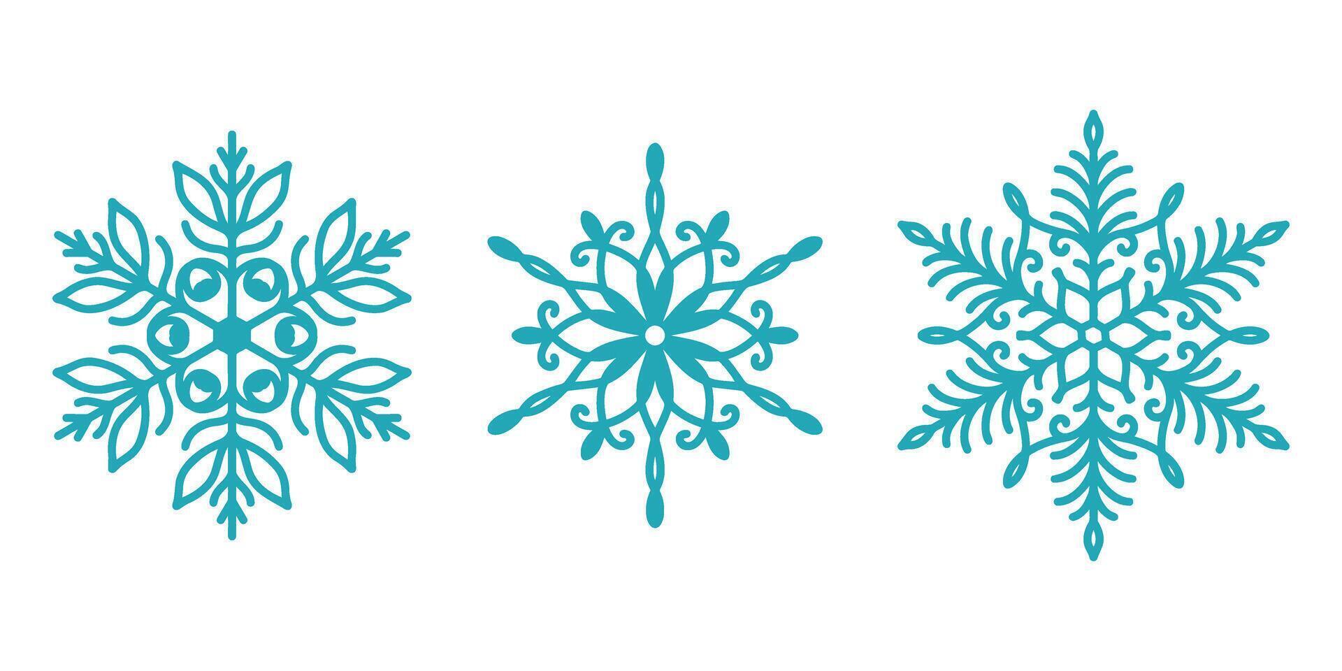 Beautiful snowflakes set, detailed hand drawn flat line illustration. Graphic outline drawing. Christmas and New Year symbol. Unique snowflake silhouette icon for frosty winter. vector