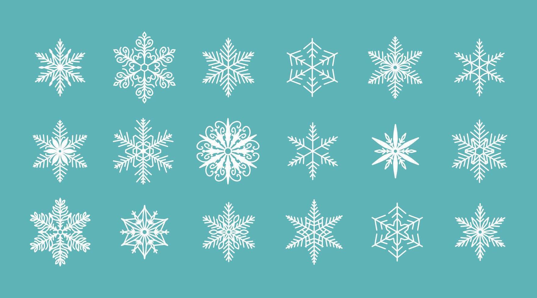 Unique snowflakes set, detailed hand drawn flat line illustration. Graphic outline drawing. Christmas and New Year symbol. Beautiful snowflake silhouette icon for frosty winter designs.. vector