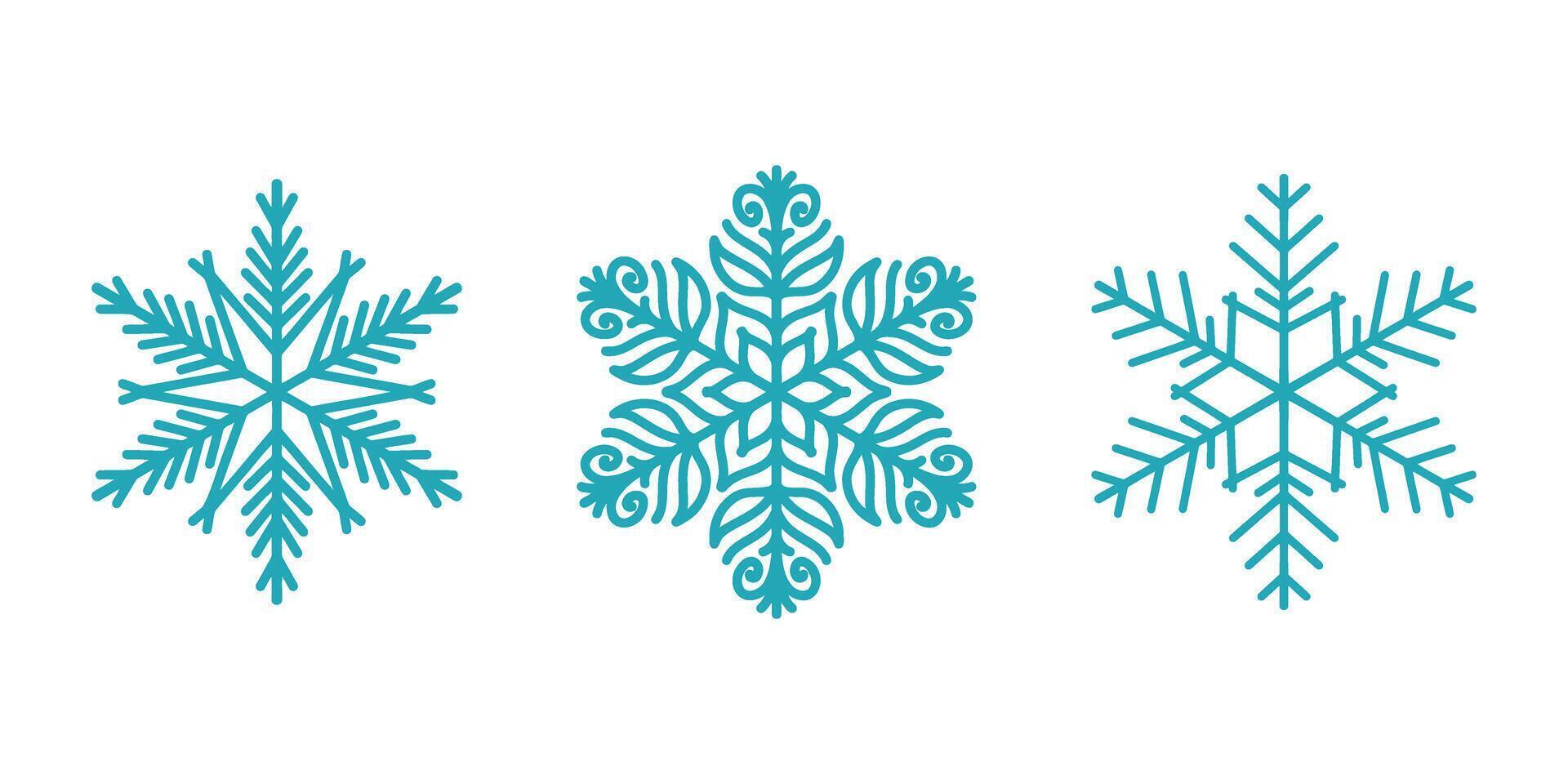 Beautiful snowflakes set, detailed hand drawn flat line illustration. Graphic outline drawing. Christmas and New Year symbol. Unique snowflake silhouette icon for frosty winter d vector