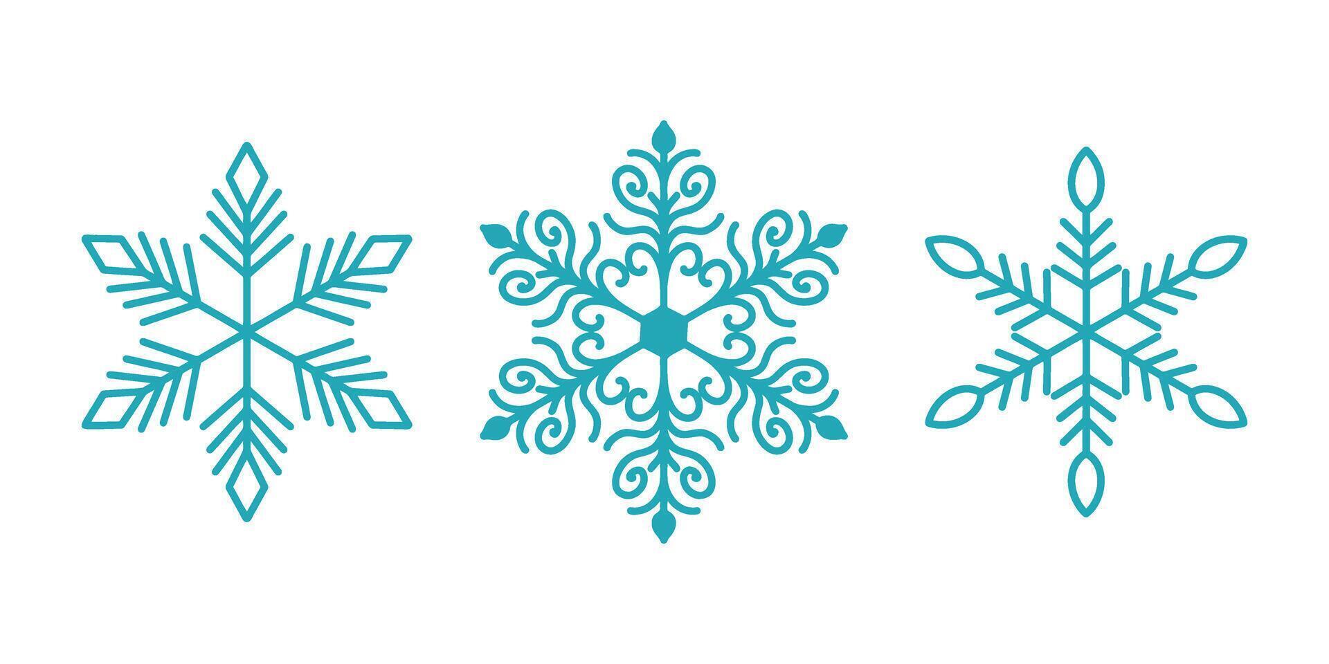 Beautiful snowflakes set, detailed hand drawn flat line illustration. Graphic outline drawing. Christmas and New Year symbol. Unique snowflake silhouette icons for frosty winter vector