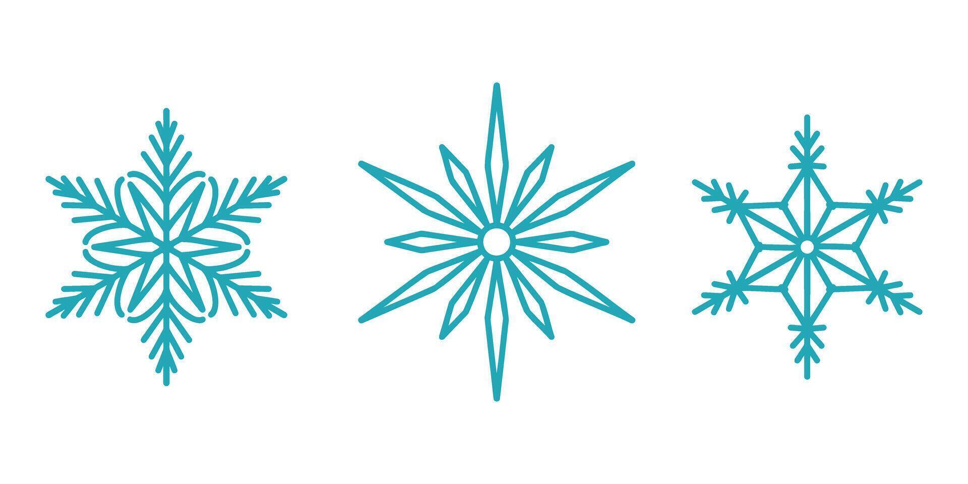 Beautiful snowflakes set, detailed hand drawn flat line illustration. Graphic outline drawing. Christmas and New Year symbol. Unique snowflake silhouette icon for frosty winter des vector