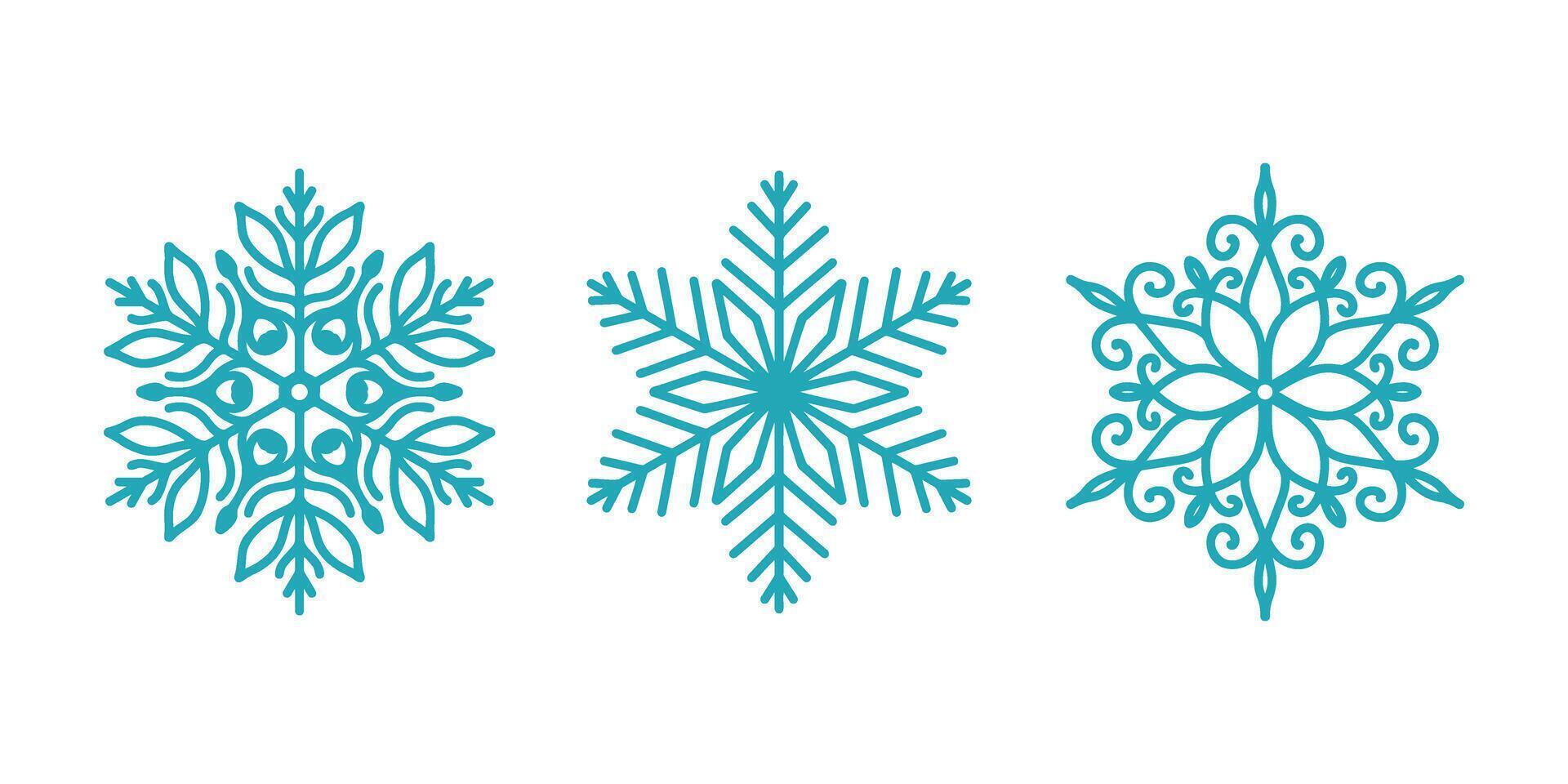 Beautiful snowflakes set, detailed hand drawn flat line illustration. Graphic outline drawing. Christmas and New Year symbol. Unique snowflake silhouette icons for frosty winter designs vector