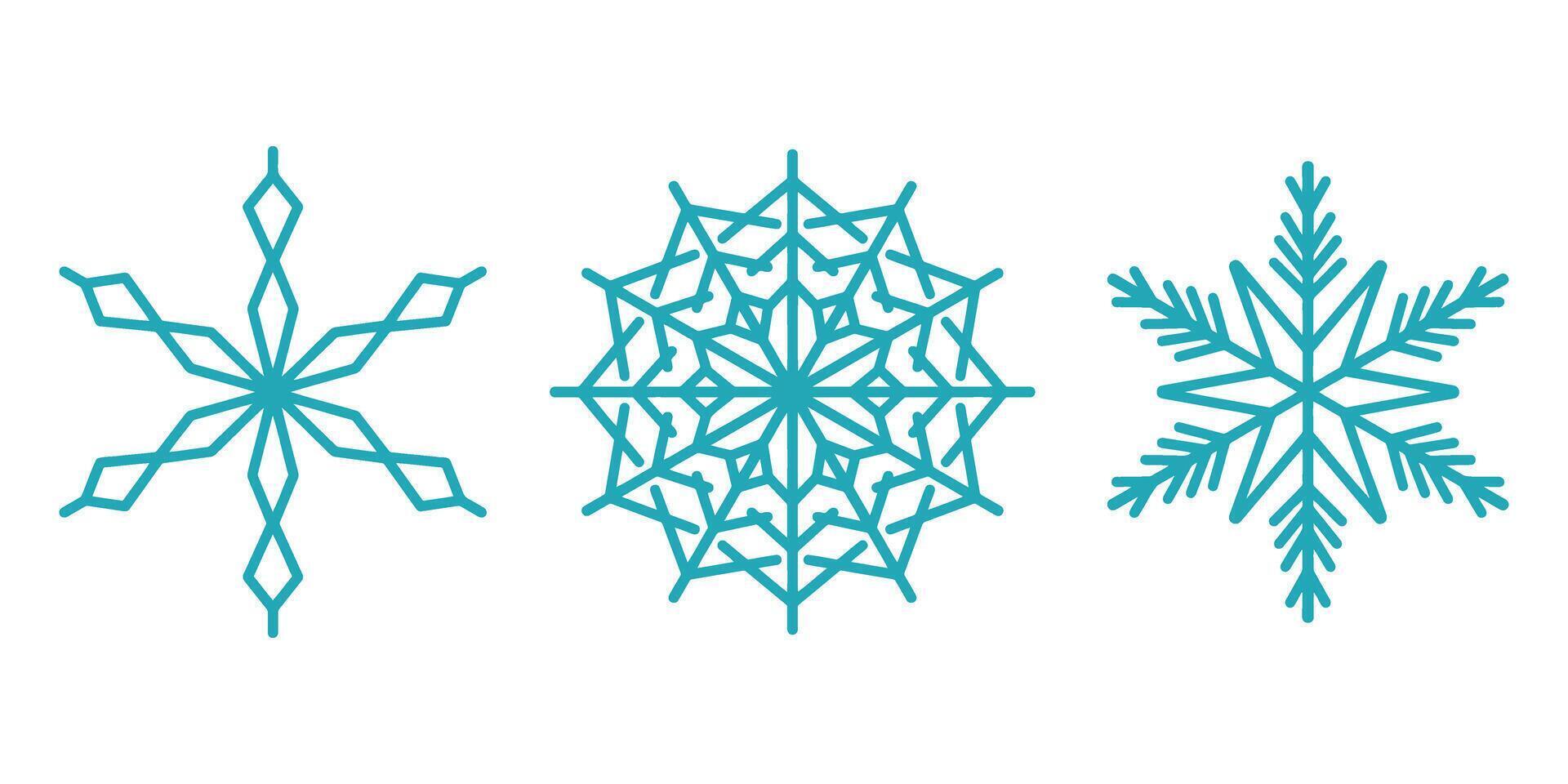 Beautiful snowflakes set, detailed hand drawn flat line illustration. Graphic outline drawing. Christmas and New Year symbol. Unique snowflake silhouette icon for frosty winter desi vector