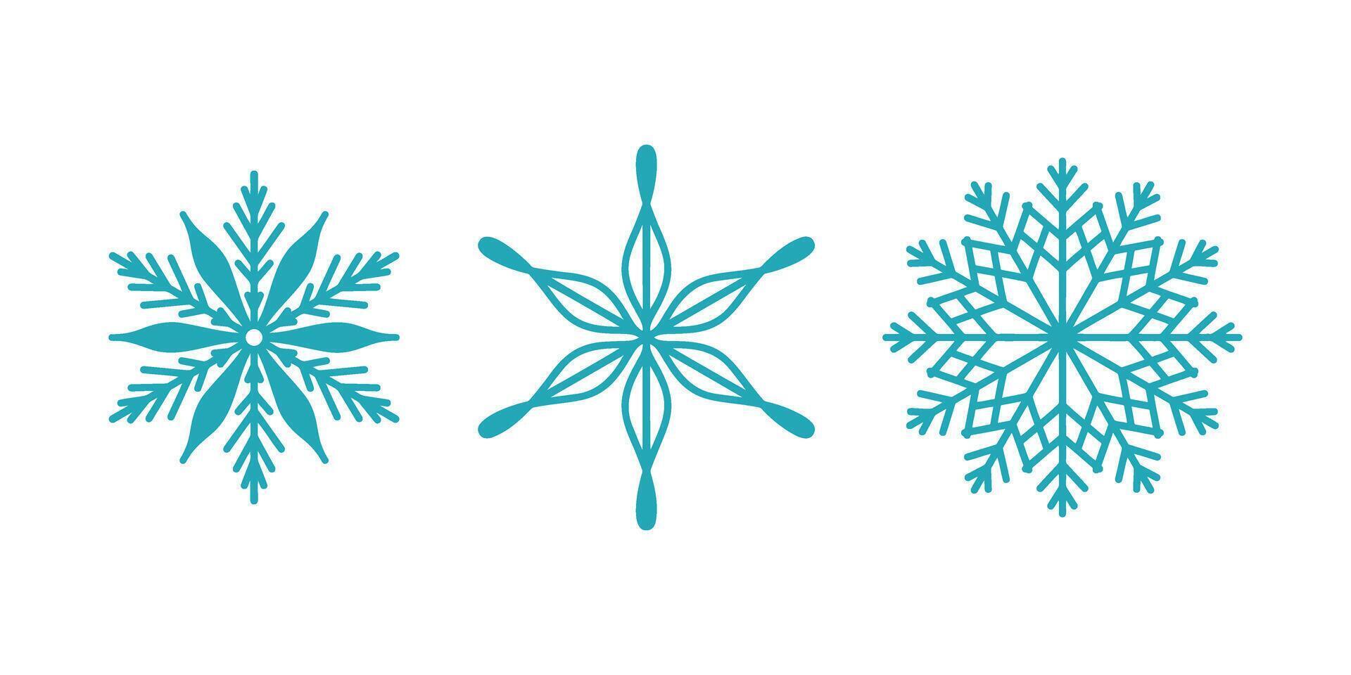Beautiful snowflakes set, detailed hand drawn flat line illustration. Graphic outline drawing. Christmas and New Year symbol. Unique snowflake silhouette icon for frosty winter design vector