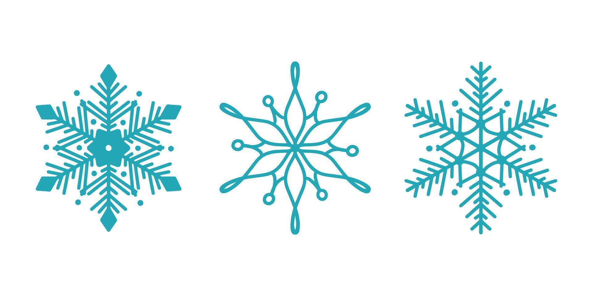 Beautiful snowflakes set, detailed hand drawn flat line illustration. Graphic outline drawing. Christmas and New Year symbol. Unique snowflake silhouette icons for frosty winter design vector
