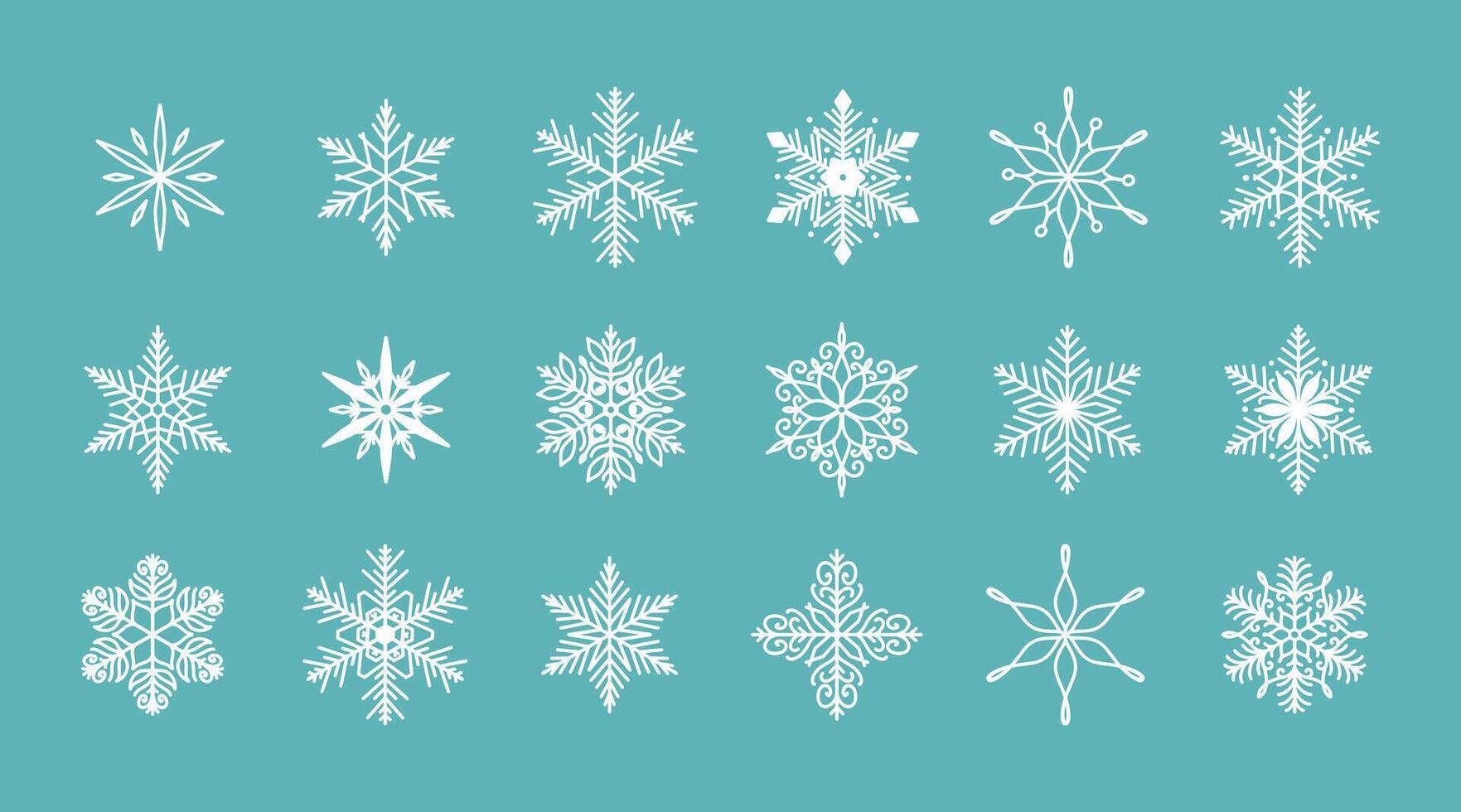 Unique snowflakes set, detailed hand drawn flat line illustration. Graphic outline drawing. Christmas and New Year symbol. Beautiful snowflake silhouette icon for frosty winter vector