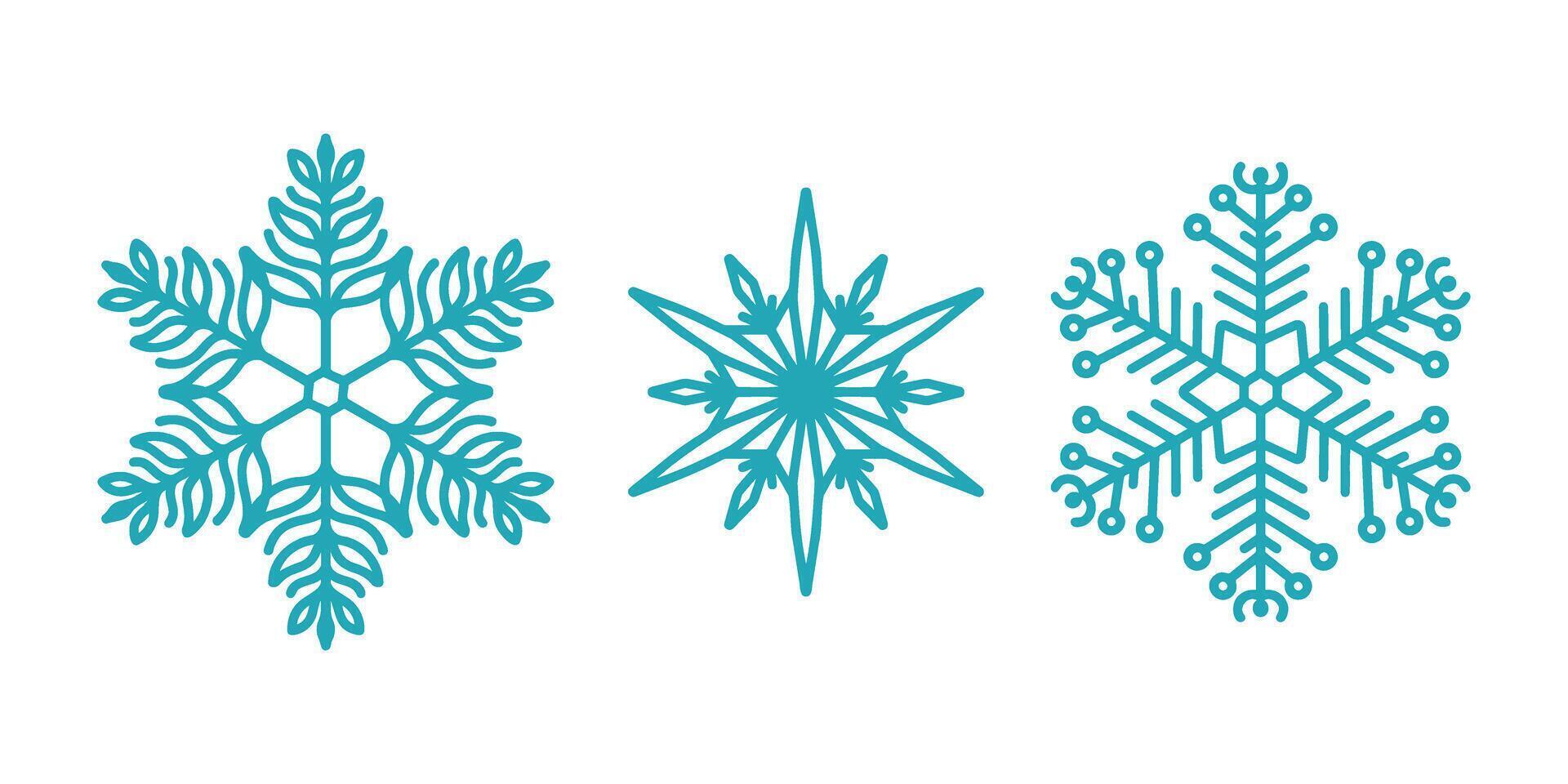 Snowflakes set, detailed hand drawn flat line illustration. Graphic outline drawing. Christmas and New Year symbol. Unique snowflake silhouette icon for frosty winter designs. vector