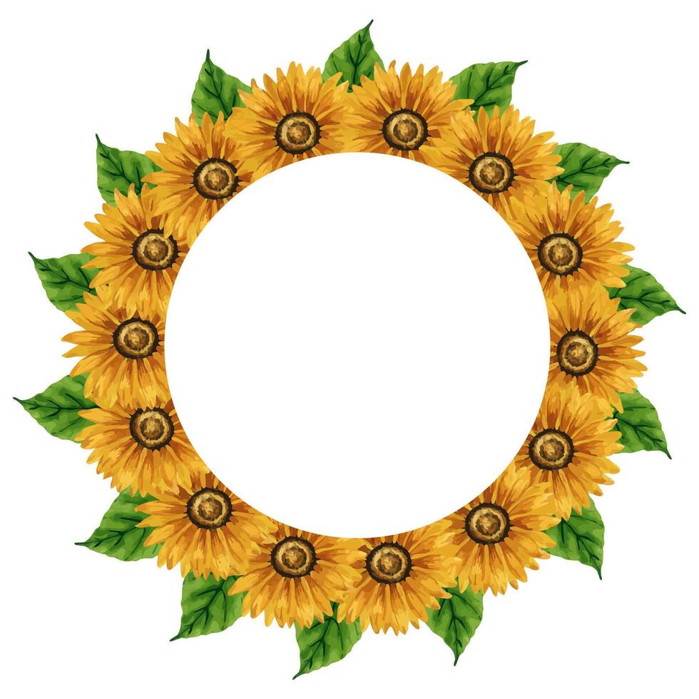 Watercolor sunflowers wreath. Round frame with yellow flowers. Summer floral composition. Autumn flowers arrangement. Hand drawn botanical illustration. Design element for postcards, invitations, logo vector