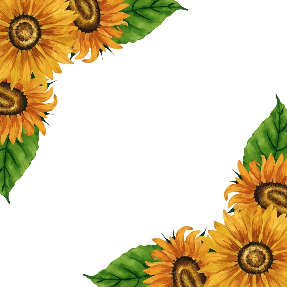 Watercolor sunflower corner frame. Square frame with yellow flowers. Summer floral composition. Autumn flowers arrangement. Hand drawn botanical illustration. Design element for postcards, invitation vector