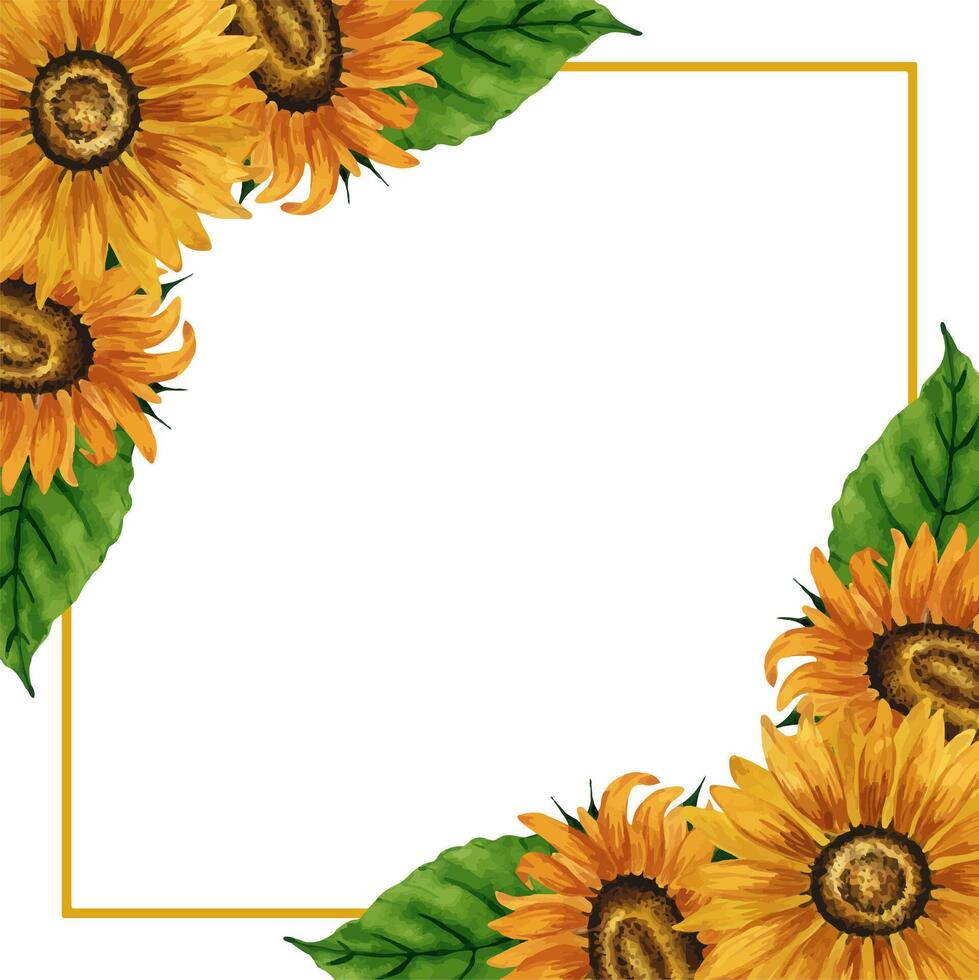 Watercolor sunflowers corner frame. Square frame with yellow flowers. Summer floral composition. Autumn flowers arrangement. Hand drawn botanical illustration. Design element for postcard, invitation vector