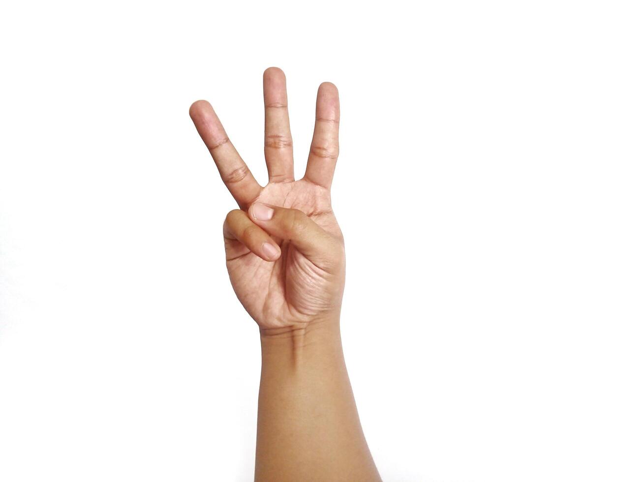 Deaf alphabet letter W by hand. Letter 'W' in sign language, isolated on a white background. Hand gestures. languages that use visual manual modality. Deaf Sign. photo