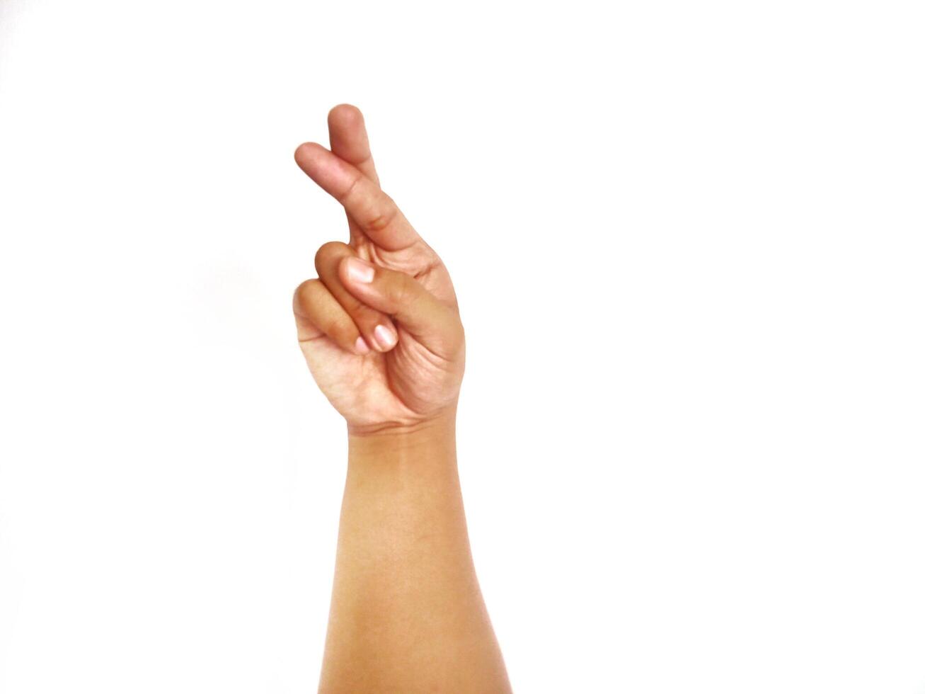 Deaf alphabet letter R by hand. Letter 'R' in sign language, isolated on a white background. Hand gestures. languages that use visual manual modality. Deaf Sign. photo