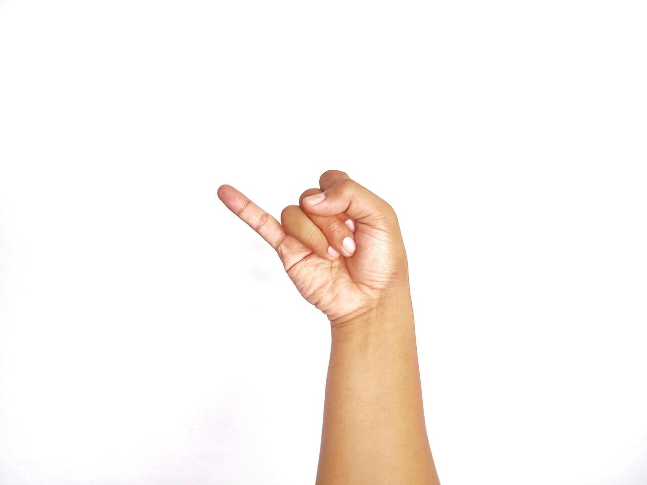 Deaf alphabet letter J by hand. Letter 'J' in sign language, isolated on a white background. Hand gestures. languages that use visual manual modality. Deaf Sign. photo