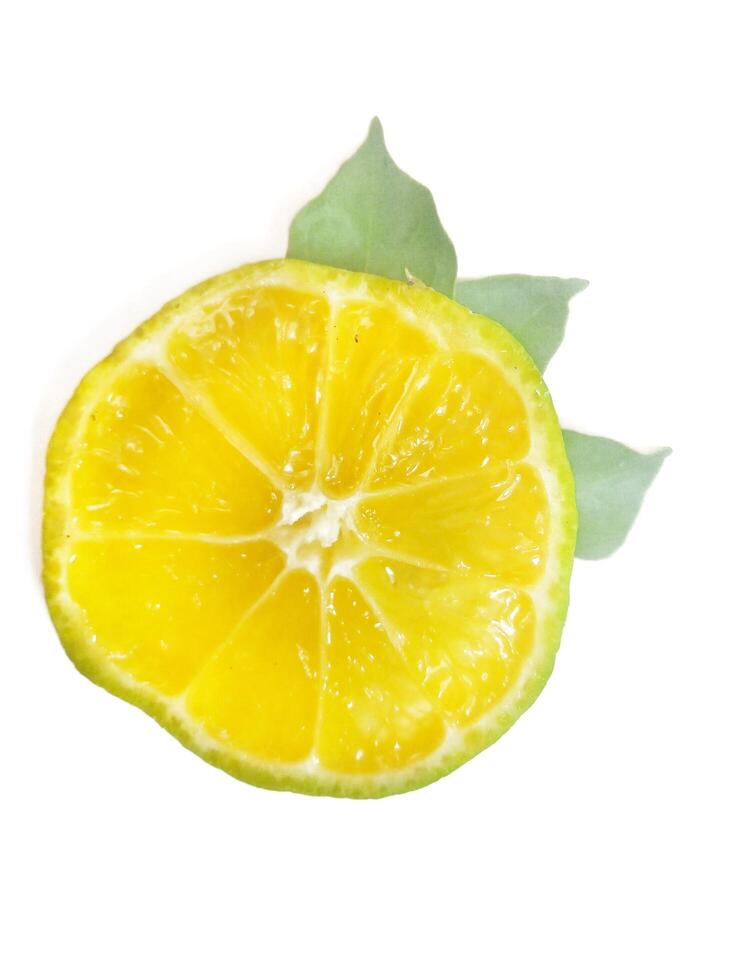 Lemon isolated. Round slice of ripe lemon with leaves on a white background. Fresh fruits with copy space. photo