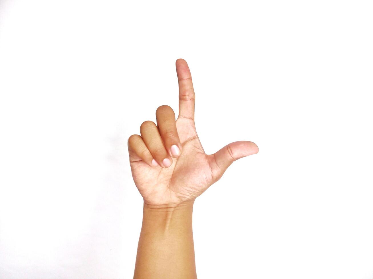 Deaf alphabet letter L by hand. Letter 'L' in sign language, isolated on a white background. Hand gestures. languages that use visual manual modality. Deaf Sign. photo