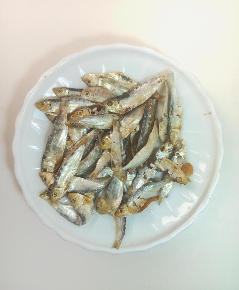 Ikan asin or dried salted fish on white plate isolated on white background with copy space photo